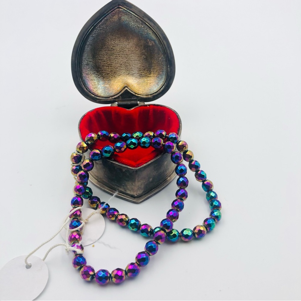 Vintage Pewter Heart Rainbow Hematite Bracelet Purple Punk - Picture 3 of 7